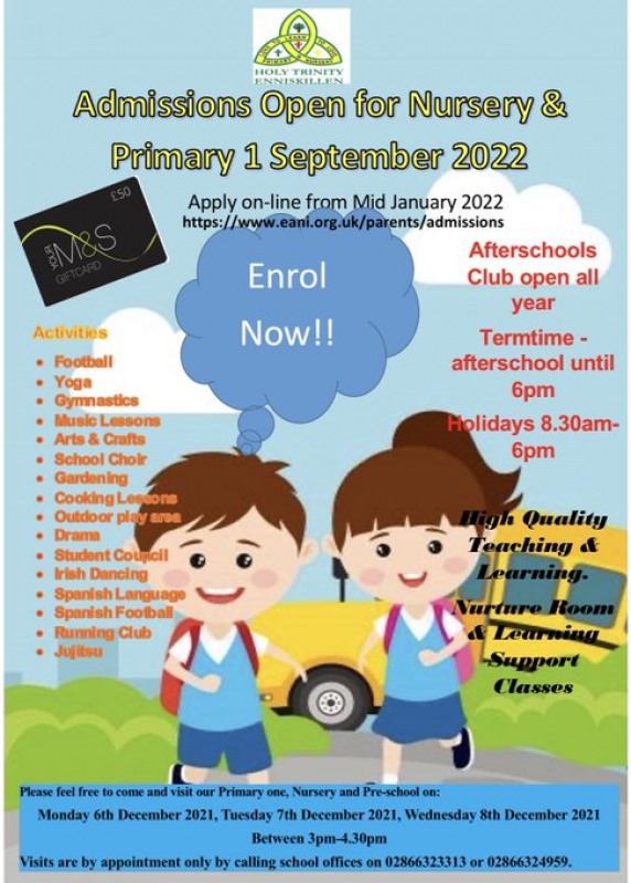 Remember to book a slot for the Holy Trinity Primary 1, Nursery or Preschool open afternoons